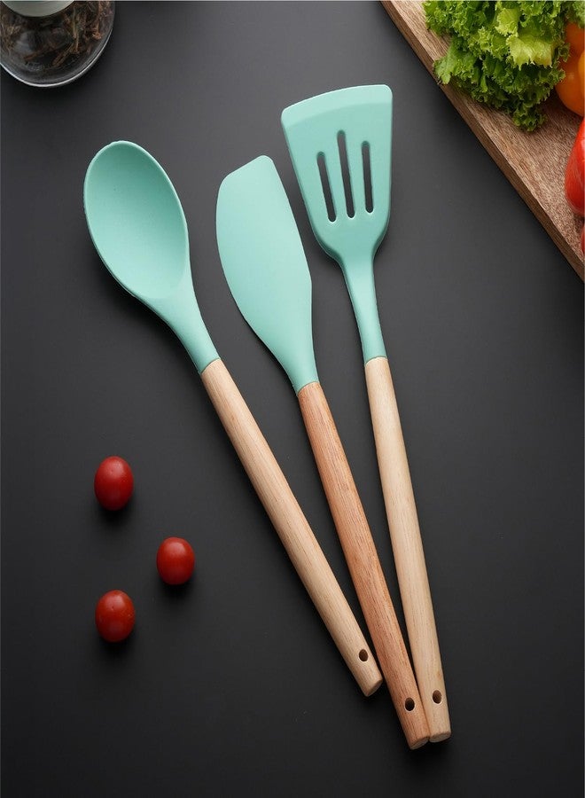 Lifelong Non-Stick Silicone Spatula Set | Set of 3-Spoon Spatulas, Slotted Turner, and Soup Ladle | Dishwasher Safe, Silicone Spatulas with Wooden Handle for Serving & Cooking | (LLCTSLW03,Green) - Image 1